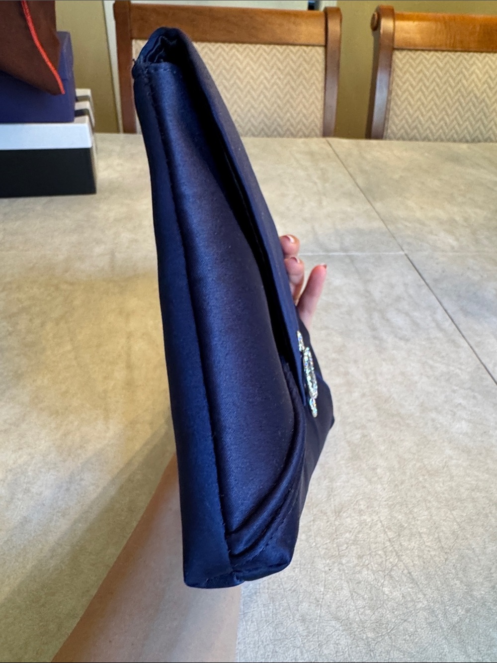 La Regale Navy Satin Envelope Clutch with Crystal Bow Accent - Picture 5 of 9